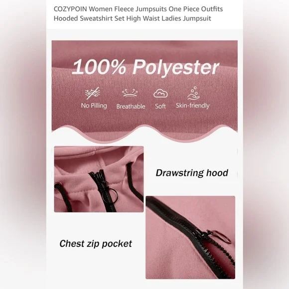 Cozypoin Fleece Jumpsuit, Zip Front, Light Pink, NWOT- size XL - Picture 10 of 12